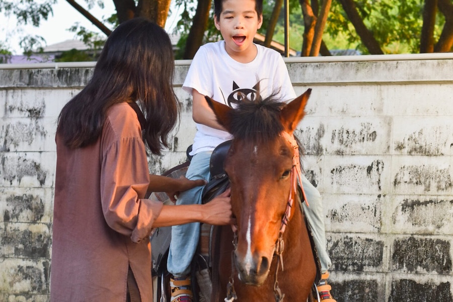 Image of a boy on a horse while a woman helps